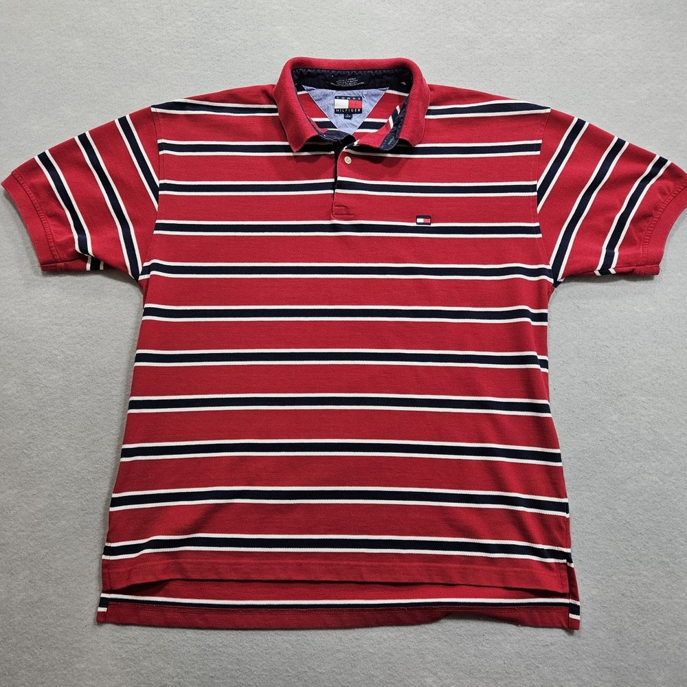 Tommy Hilfiger Polo Shirt Mens Large Red Striped Classic Nautical Short Sleeve
